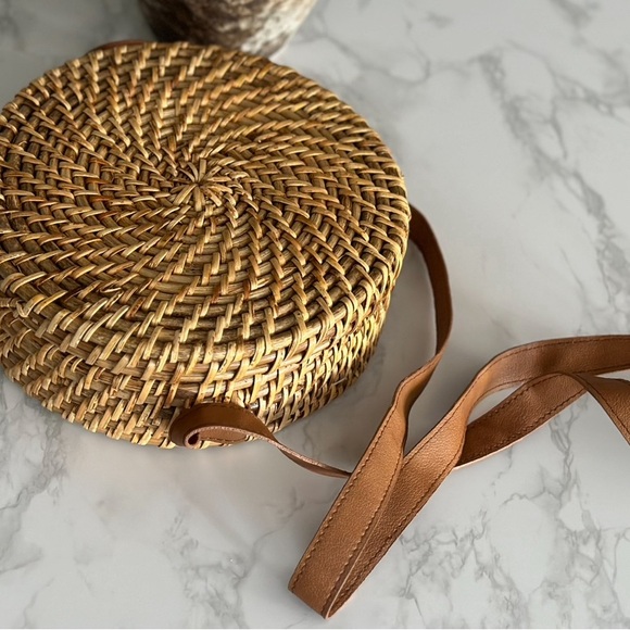 Round Rattan Crossbody with Faux Leather Strap - Picture 3 of 5